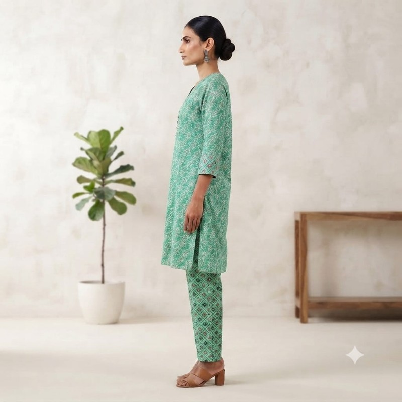 Elegant Mint Green Floral Printed Kurta with Geometric Pant Set
