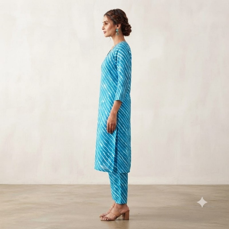 Blue Leheriya Cotton Kurta with Matching Trouser Set for Women