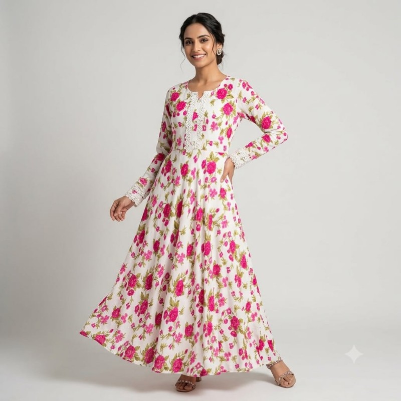 Elegant Floral Print Anarkali Maxi Dress with Delicate Lace Detailing