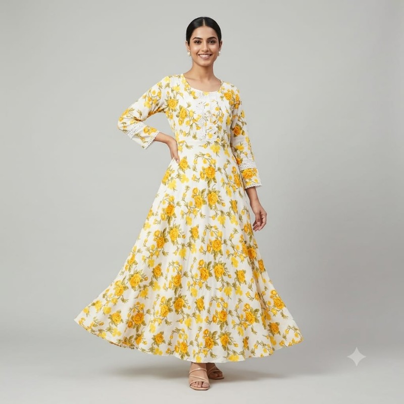 Elegant White & Yellow Floral Print A-Line Cotton Anarkali Kurta