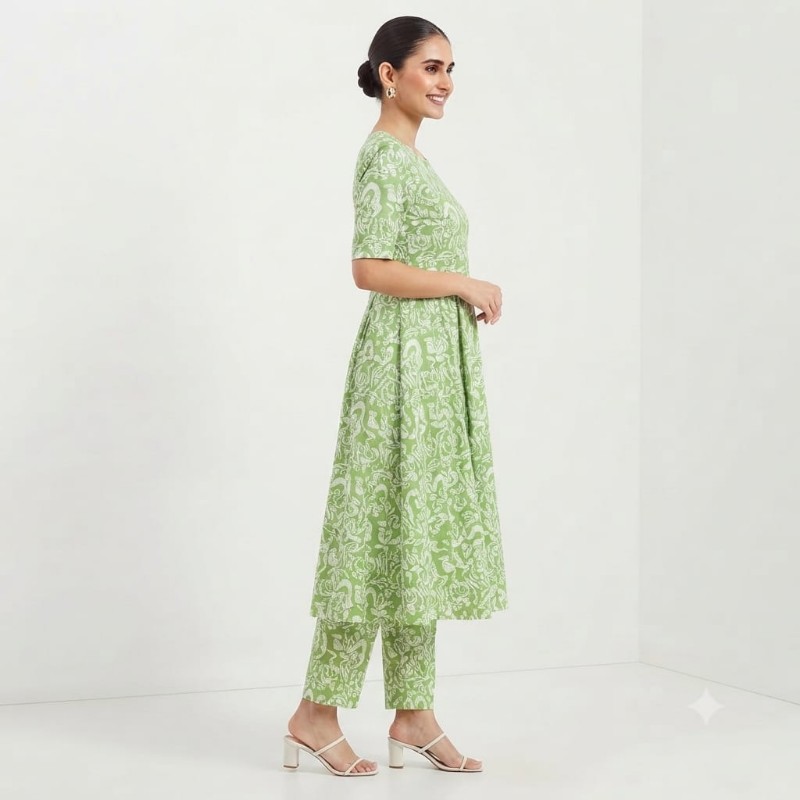 Women's Lime Green & Cream Floral Print Anarkali Kurta