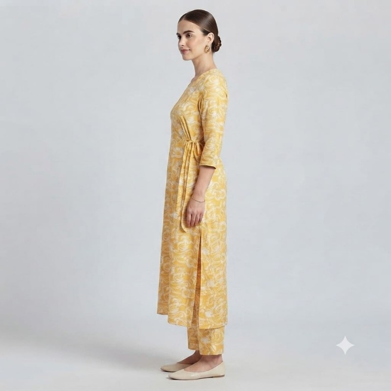 Stuti Mustard Yellow Abstract Print Cotton Straight Kurta