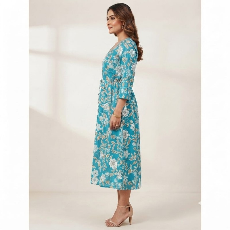 Elegant Teal Floral Print A-Line Cotton Midi Dress