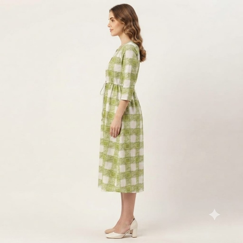 Women's Green and White Checkered A-Line Midi Dress
