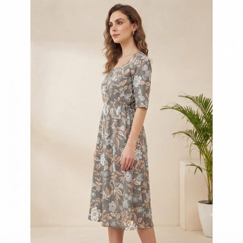 Elegant Grey Floral Print A-Line Midi Dress with Drawstring Waist
