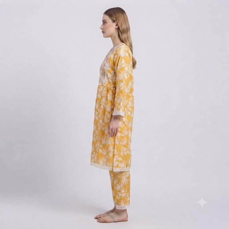 Women's Yellow Floral Print Cotton Suit Set with Delicate Lace Trim