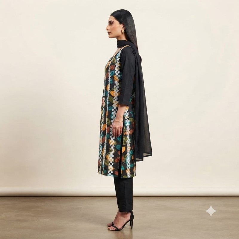 Elegant Black Floral Printed Straight Kurta with Solid Pant and Dupatta Set