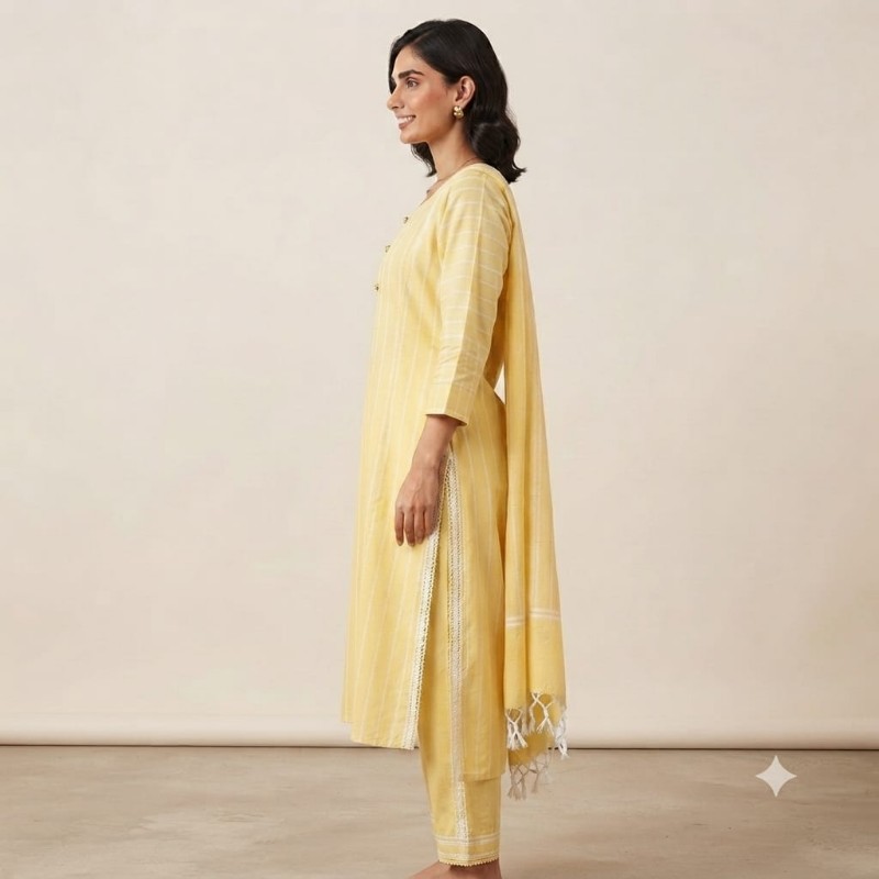 Aurelia Women's Yellow Striped Cotton Kurta Set with Matching Pant and Dupatta