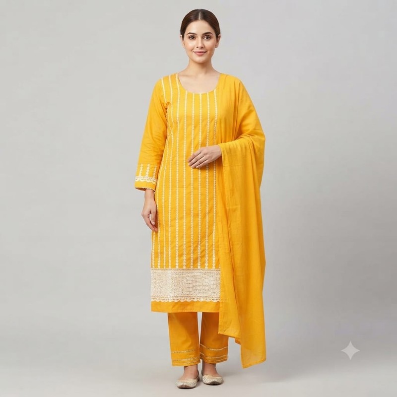 Vibrant Yellow Striped Cotton Straight Kurta with Matching Pant and Dupatta Set
