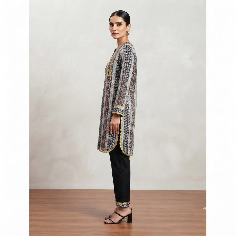 Women’s Black Geometric Print Cotton Kurta and Trouser Set