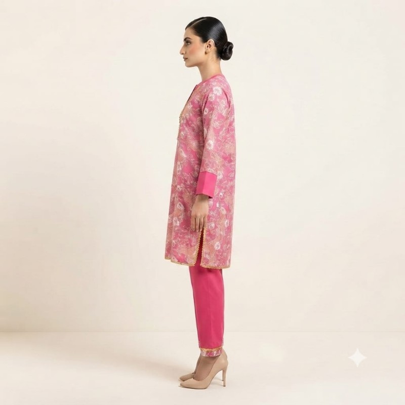 Elegant Pink Floral Printed Kurta with Matching Trouser Set for Women