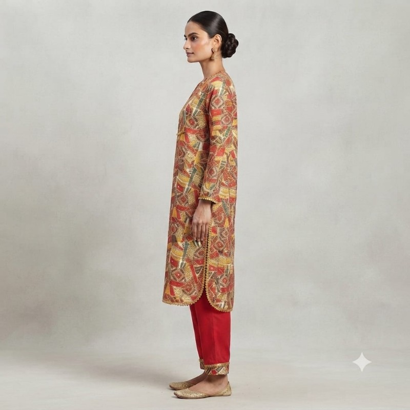 Red and Yellow Geometric Print Cotton Straight Kurta with Pants Suit Set