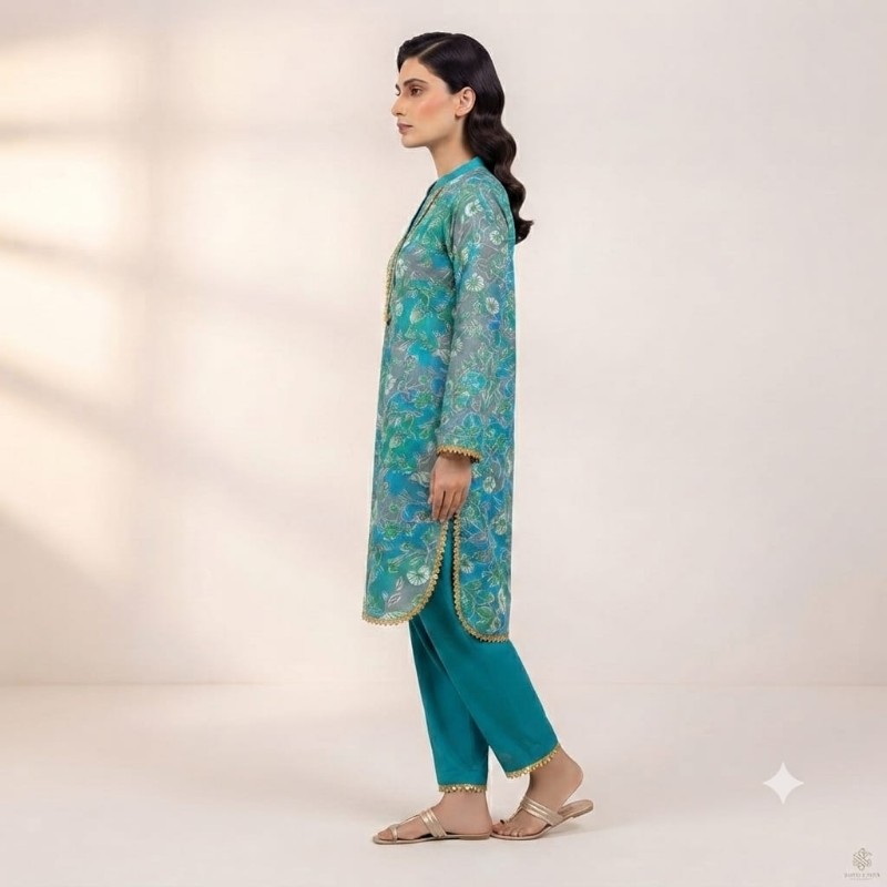 Zoya Blue Floral Print Cotton Suit Set with Gold Embellishments