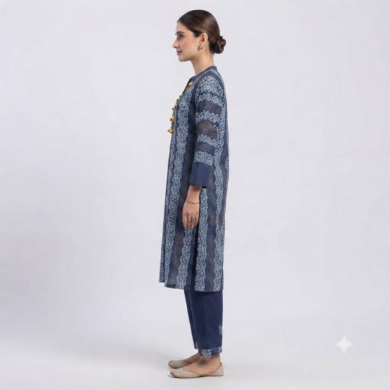 Elegant Navy Blue Printed Cotton Kurti and Trouser Set for Women