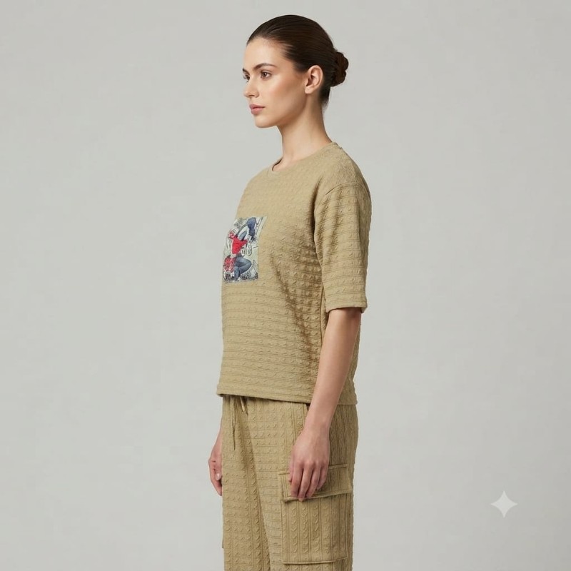 Women's Beige Textured Disney Graphic Long Sleeve Top & Cargo Pants Set