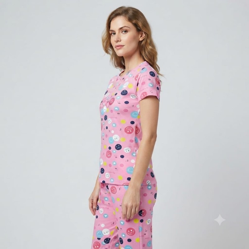 Women's Pink Smiley Face Print Cotton Pajama Set