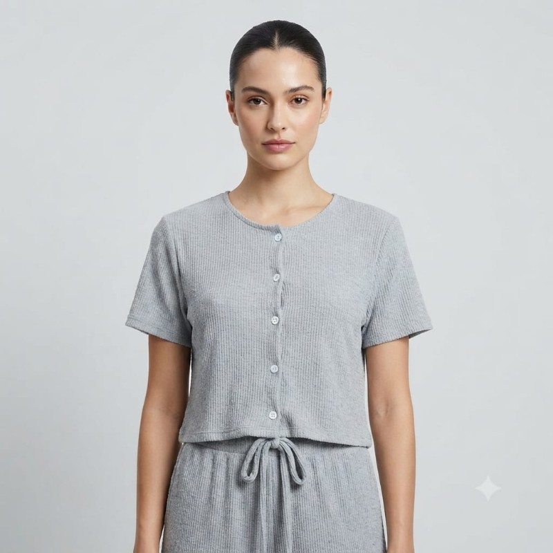 Women’s Grey Ribbed Tie-Front Crop Top and Cargo Pants Co-ord Set