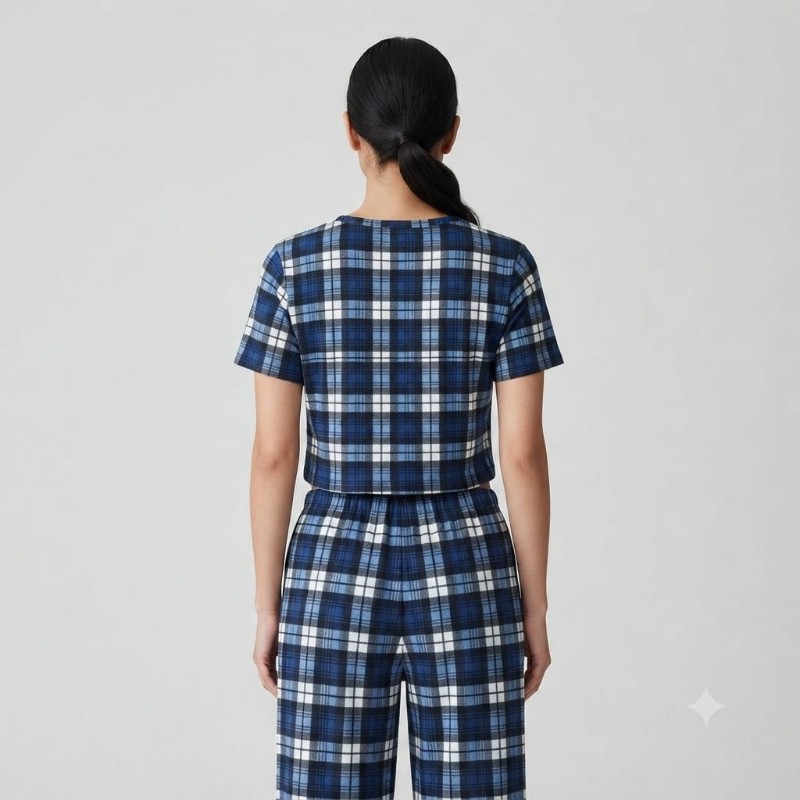Women’s Blue Plaid Round Neck Crop Top and Matching Trousers Co-ord Set