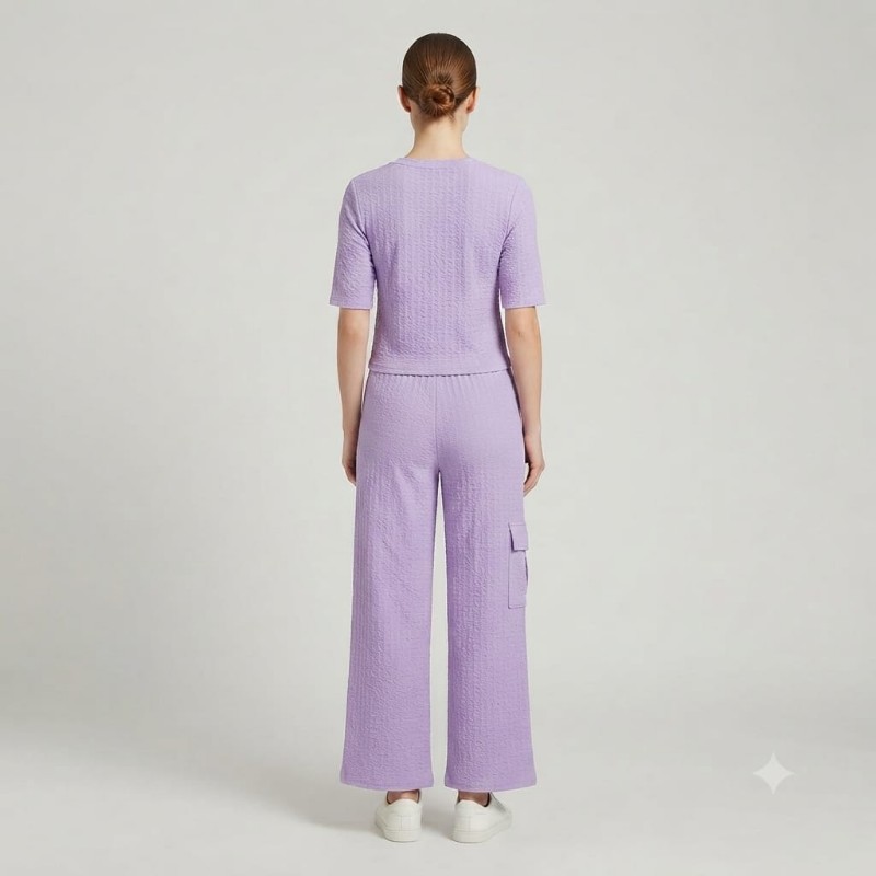 Lavender Textured Co-ord Set with Floral Embellishment and Cargo Detail