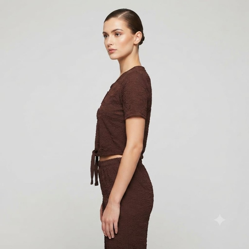 Women’s Chocolate Brown Textured Co-ord Set with Front Tie-Up Top