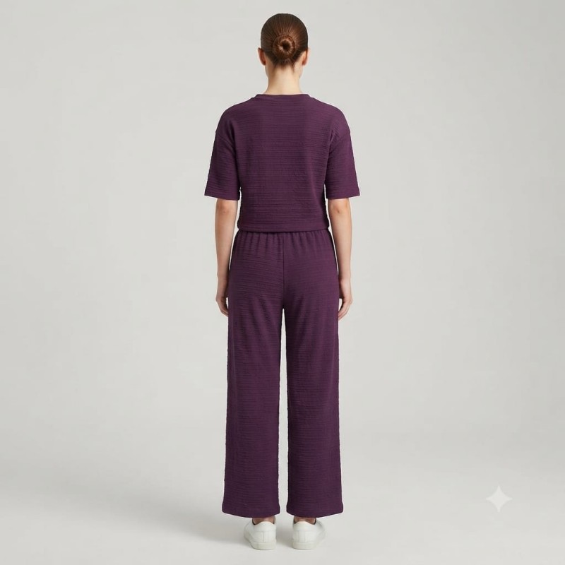 Women's Ribbed Textured Short-Sleeve Crop Top and Wide-Leg Pant Lounge Set