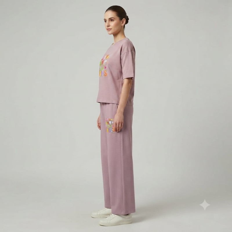 Womens Mauve Graphic T-Shirt & Wide-Leg Lounge Pant Set