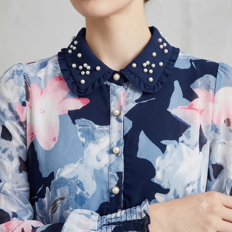 Navy Blue and Light Blue Floral Chiffon Midi Dress with Beaded Collar