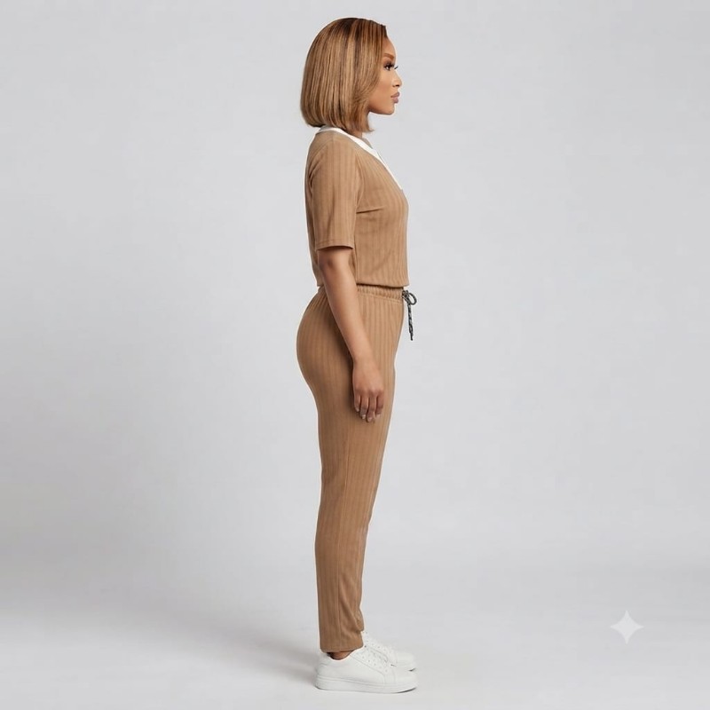 Women's Two-Piece Ribbed Knit Loungewear Set with V-Neck Top and Drawstring Trousers