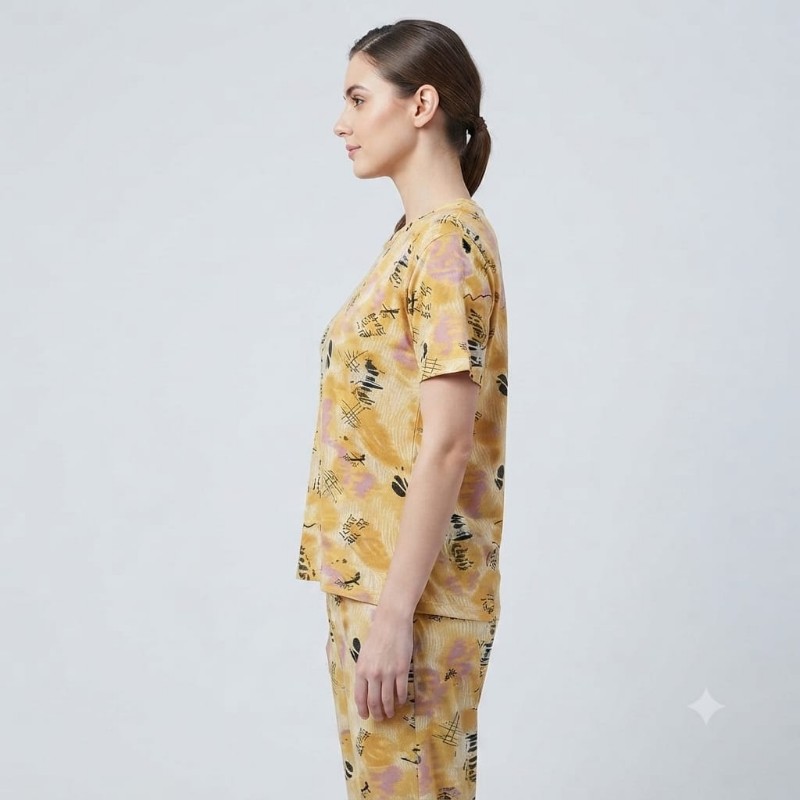 Women Mustard Yellow Printed Cotton Night Suit Set