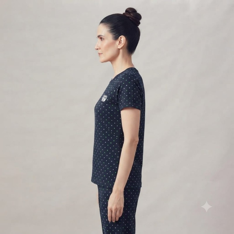 Women's Navy Blue Polka Dot Cotton Night Suit & Lounge Set