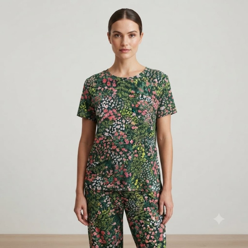Botanical Garden Print Short-Sleeve Lounge Top and Pants Set