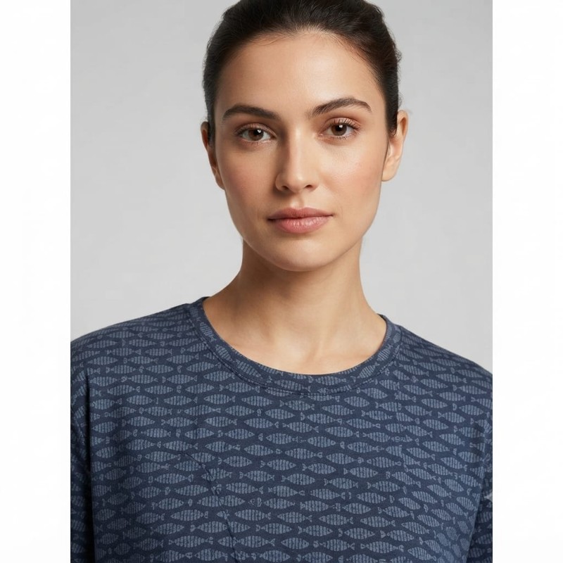 Women's Navy Blue Printed Lounge Set with Full-Sleeve Top and Drawstring Joggers