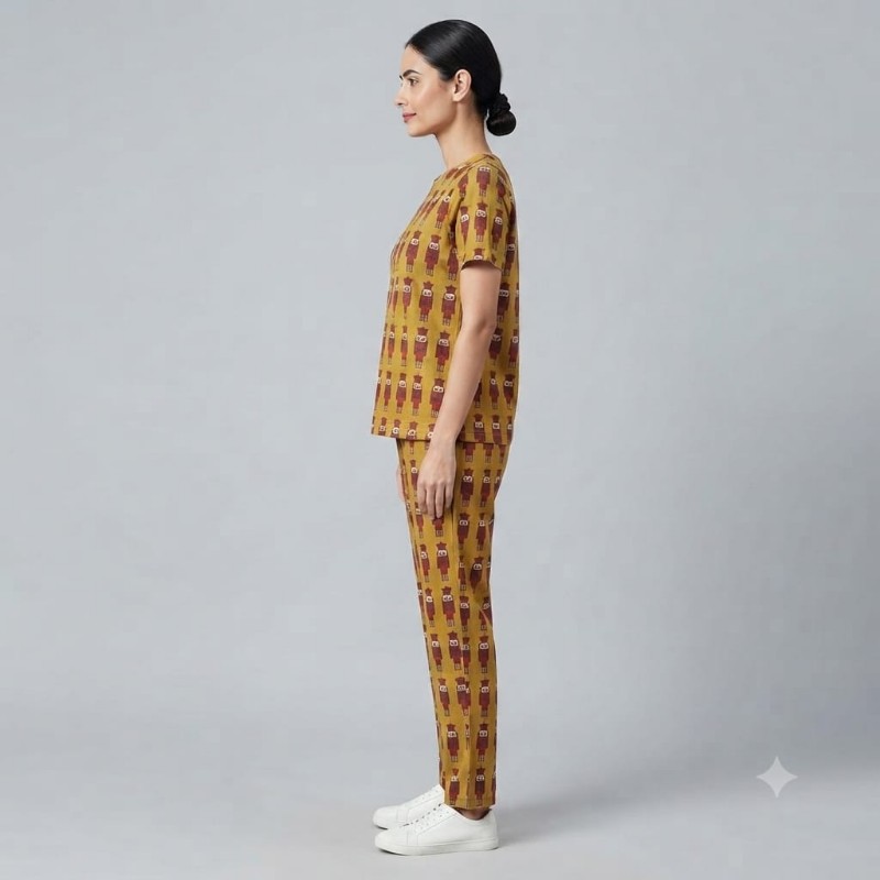 Mustard Yellow Printed Cotton Co-Ord Set for Women