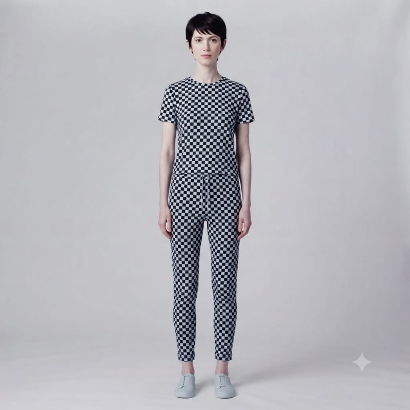 Monochrome Checkerboard Print Women's Matching Top and Trousers