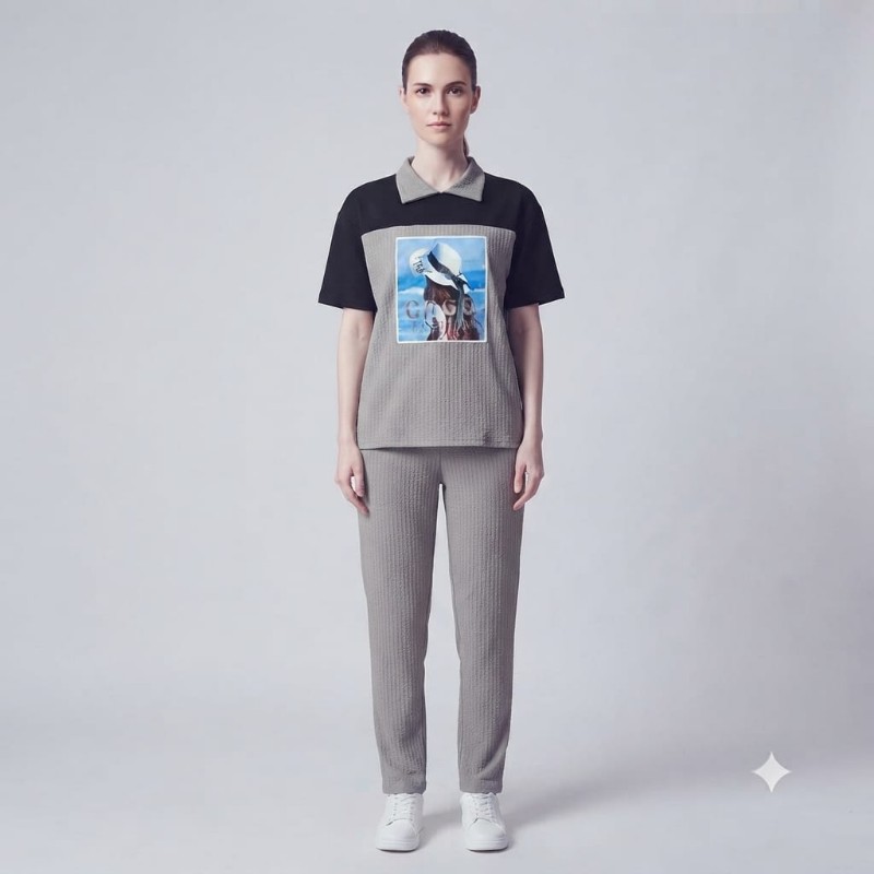 Women's Chic Color-Block Polo T-Shirt and Textured Lounge Pants Set
