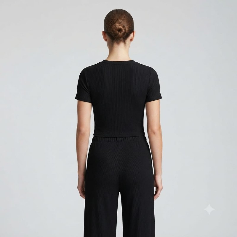 Women's Cute Teddy Bear Appliqué Ribbed Crop Top and Wide-Leg Pants Co-Ord Set