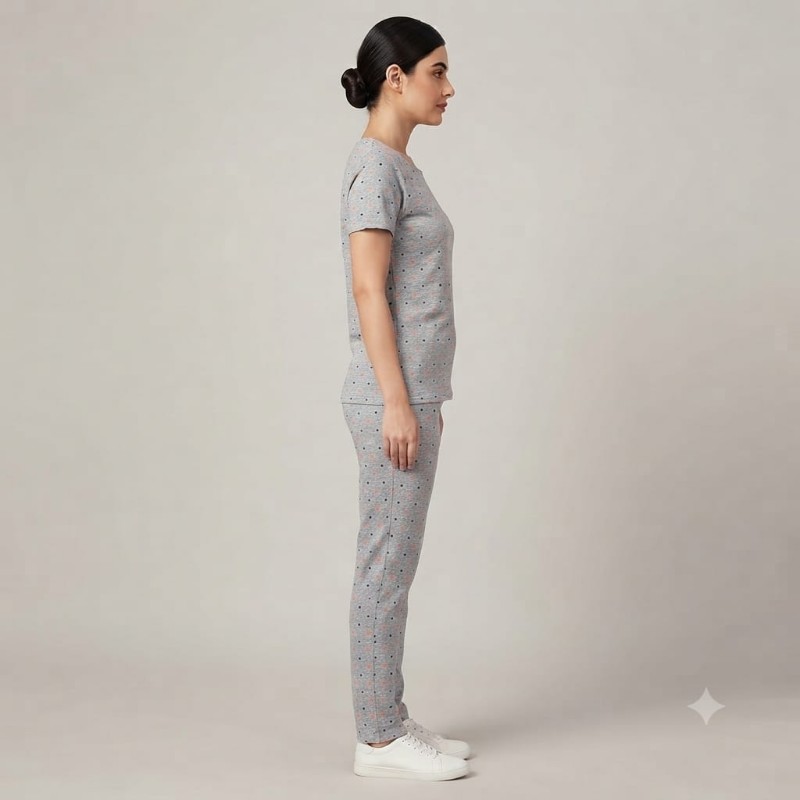 Women's Grey Printed Cotton Short Sleeve T-Shirt & Pajama Loungewear Set