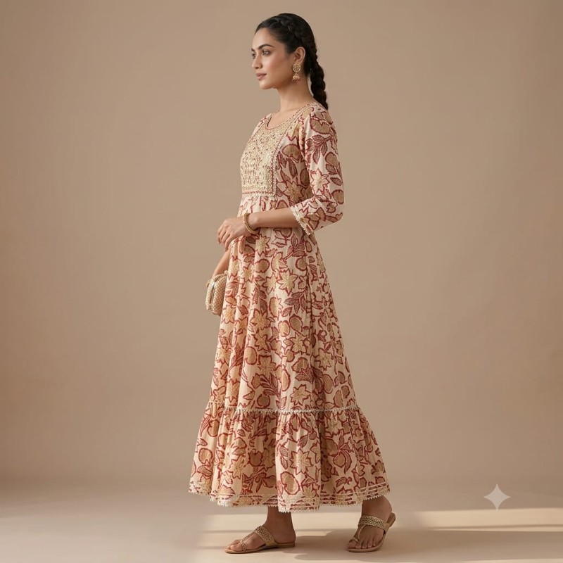 Womens Floral Printed & Embroidered Anarkali Kurta