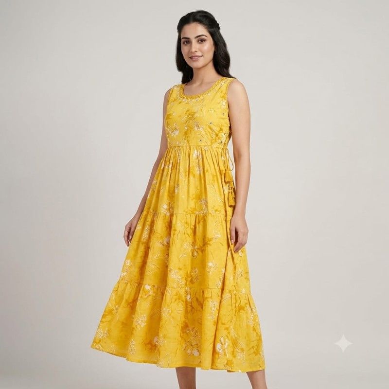 womens yellow floral printed tiered maxi dress.