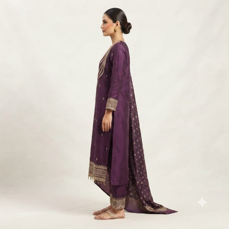 womens deep purple embroidered kurta, trouser, and dupatta set.