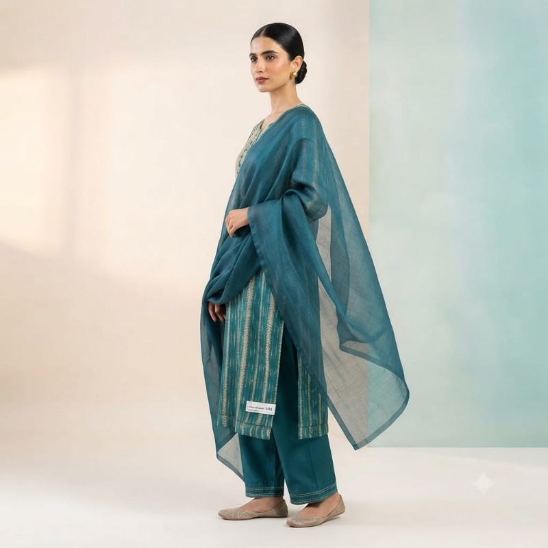 womens teal blue striped embroidered kurta, trouser, and dupatta set.