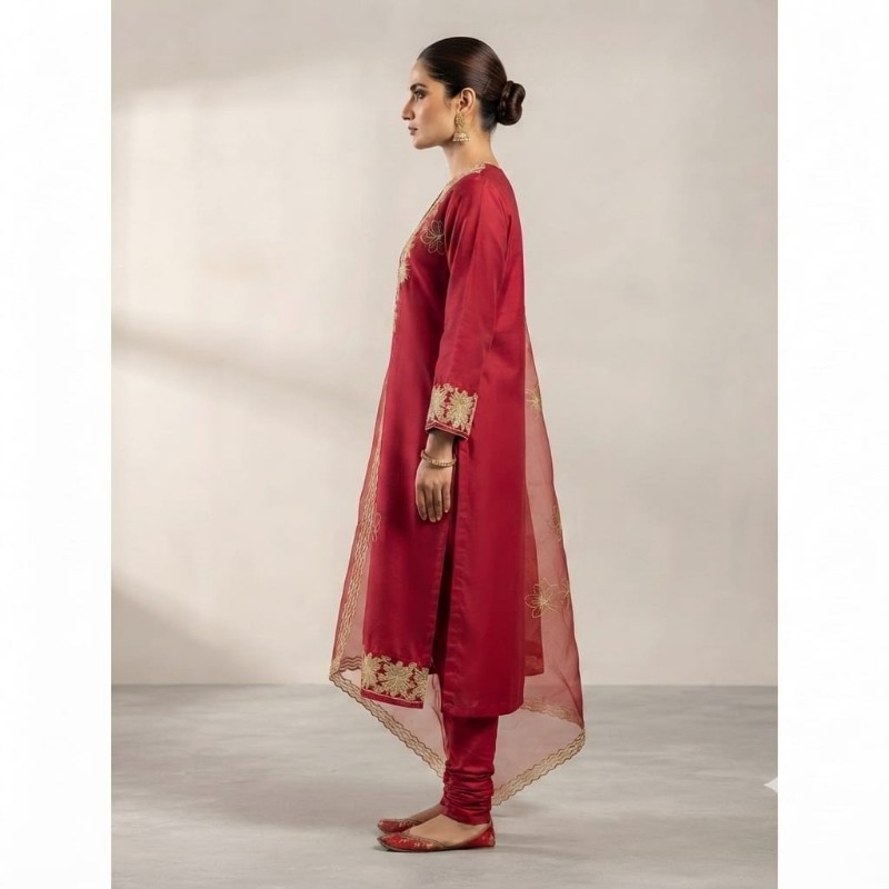 womens maroon embroidered kurta, churidar, and dupatta set.