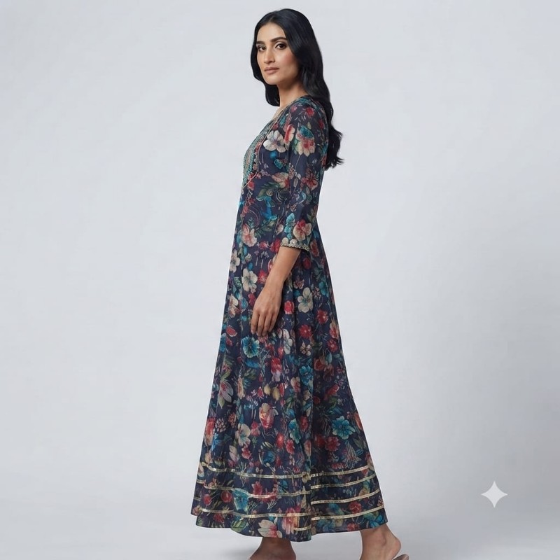 womens navy blue floral printed ethnic gown / maxi dress.