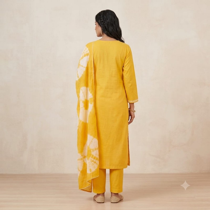 womens yellow embroidered kurta, trouser, and tie-dye dupatta set.