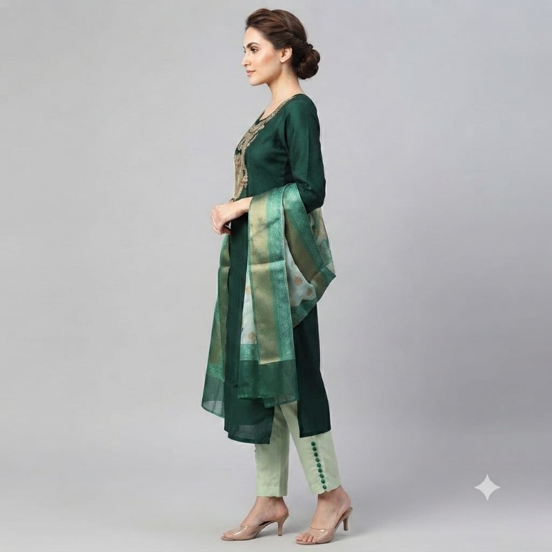 womens dark green embroidered kurta, light green trousers, and banarasi dupatta set.