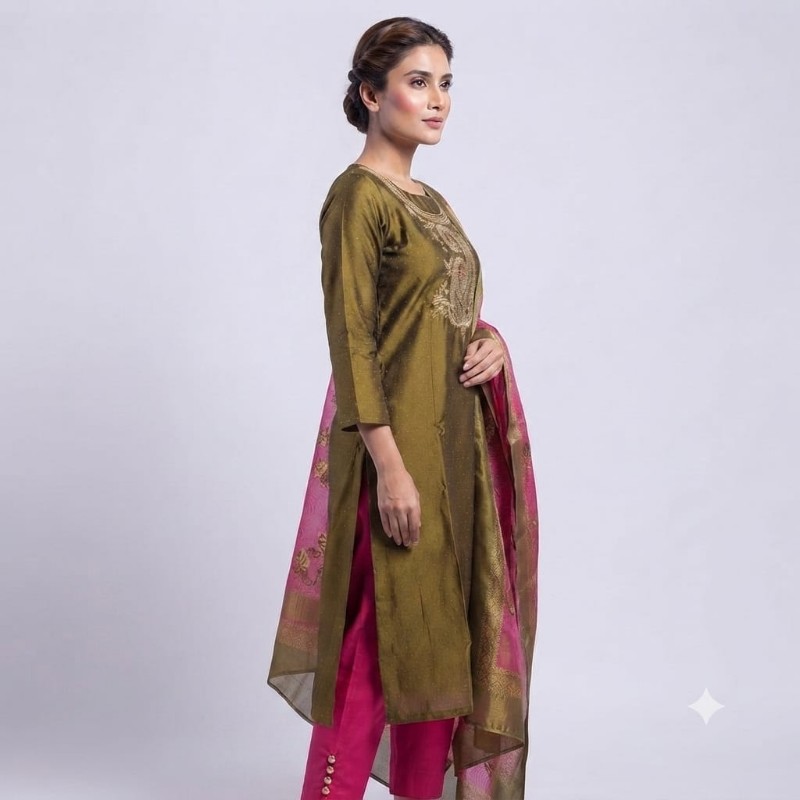 womens olive green embroidered kurta, pink trousers, and contrasting dupatta set.