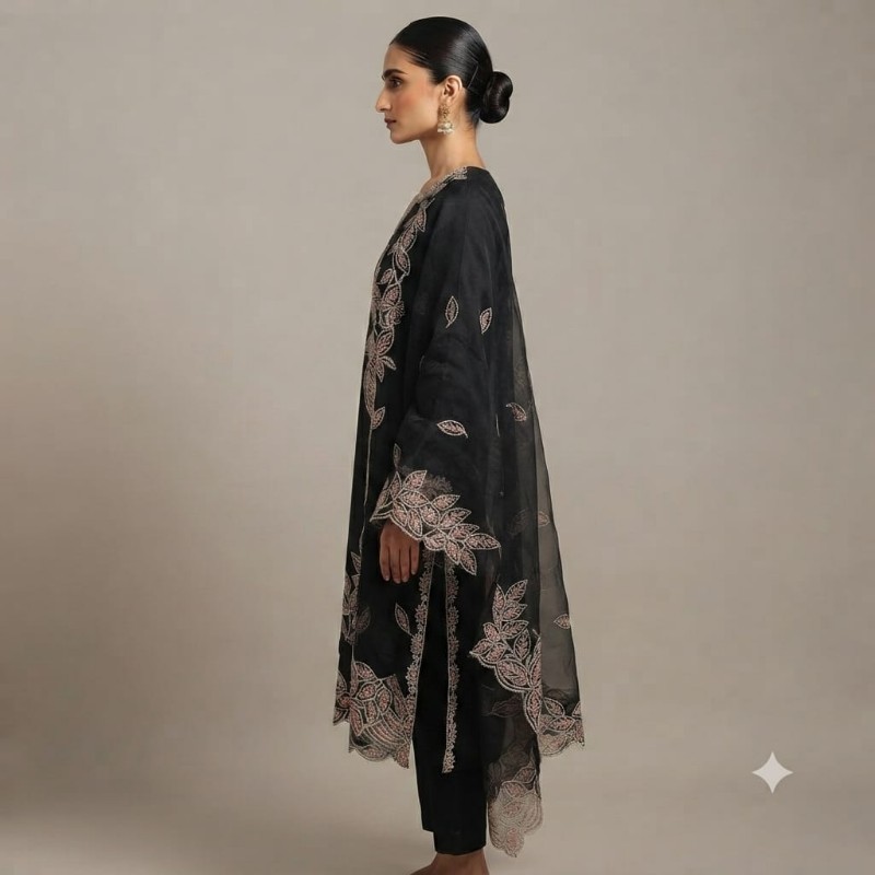 womens blue embroidered kurta, trouser, and dupatta set.