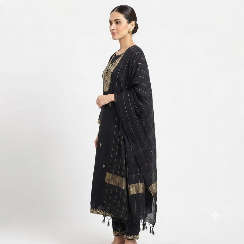 womens black embroidered kurta, trouser, and dupatta set.