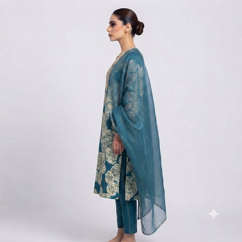 womens teal blue floral printed kurta, trouser, and dupatta set.