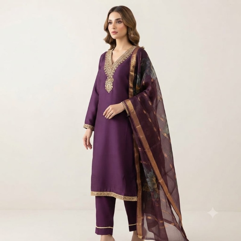 womens purple embroidered kurta, trouser, and printed dupatta set.